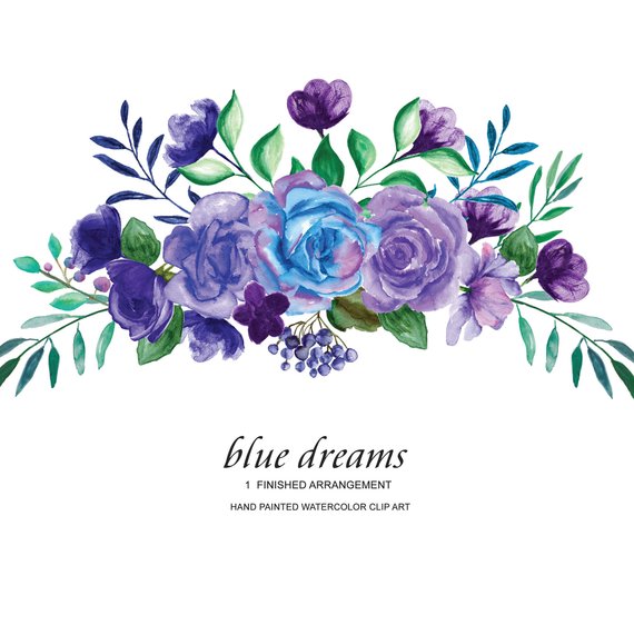570x571 Watercolor Blue Purple Roses Flower Clipart One Arrangement Etsy