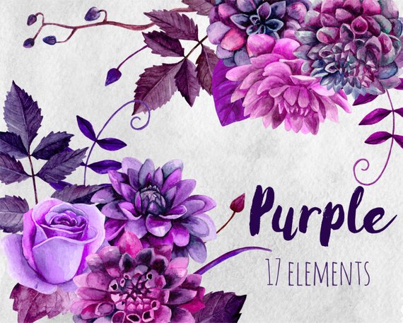 570x457 Watercolor Purple Flowers Clip Art Boho Bouquet Floral Clipart Etsy