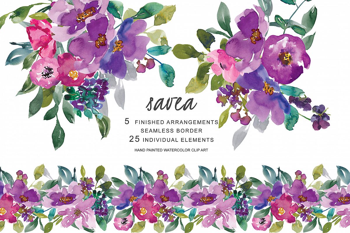 1200x800 Hand Painted Watercolor Purple Flowers Clip Art