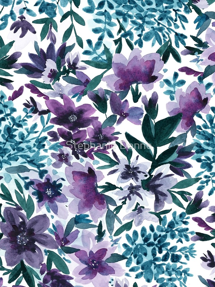 750x1000 Moonlight Garden Watercolor Flowers Purple Blue Green Peacock