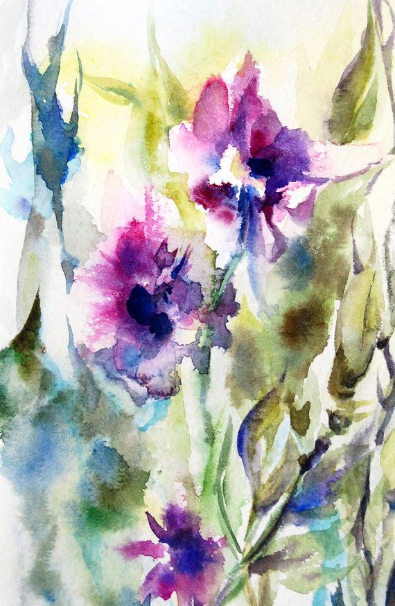570x875 Abstract Flowers Watercolor Painting Art Print, Green Purple