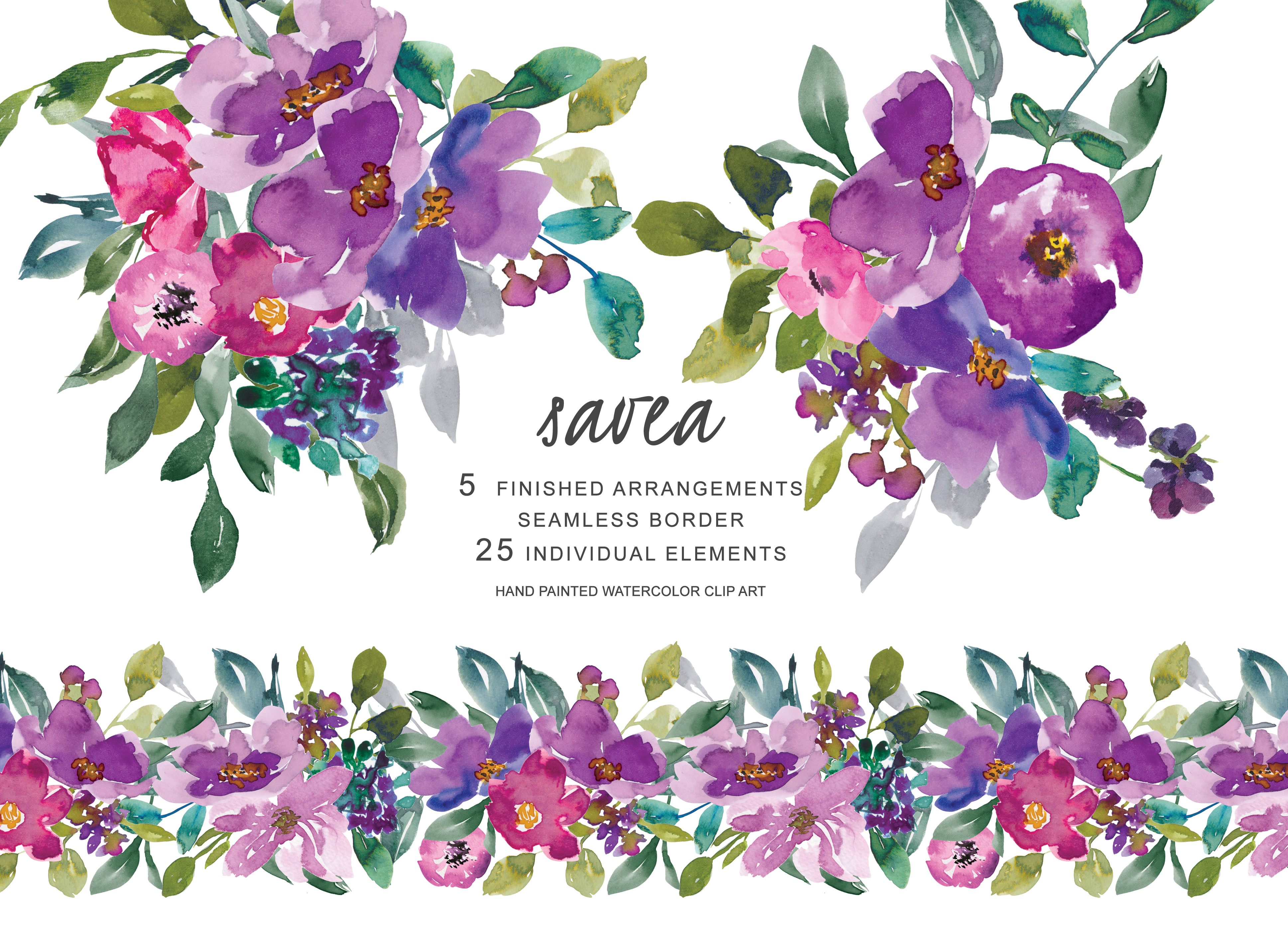 3874x2810 Hand Painted Watercolor Purple Flowers Clip Art