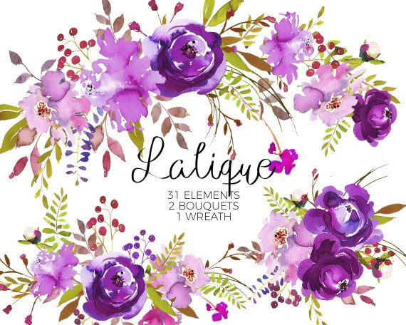 570x456 Purple Watercolor Flowers Clipart Set Wedding Floral Bouquets Etsy