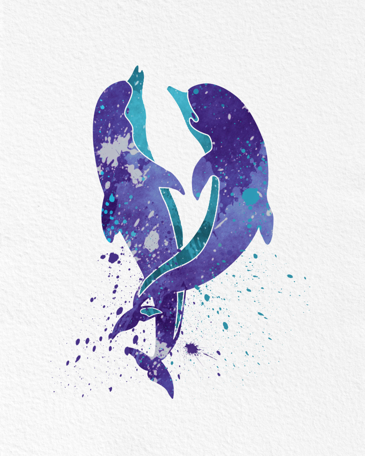 1200x1500 Watercolor Art Print Dolphin Ocean Animal Purple Blue Modern 8x10