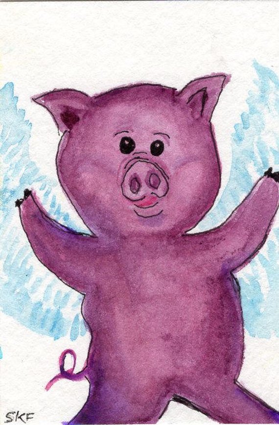 570x869 Aceo Original Purple Flying Pig Watercolor Painting When Pigs Etsy