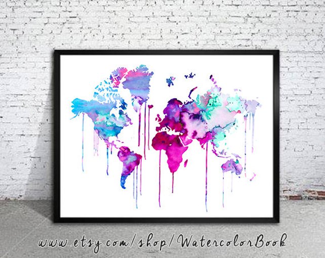 642x510 Blue Purple Watercolor Map World Map Watercolor Painting Etsy