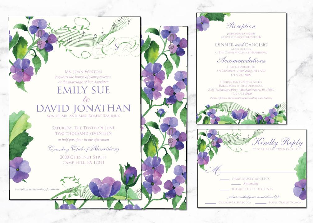 1008x720 Purple Floral Watercolor Wedding Invitation With Musical Notes
