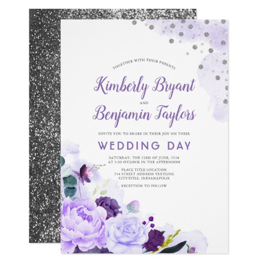 540x540 Purple And Silver Floral Watercolor Wedding Invitation