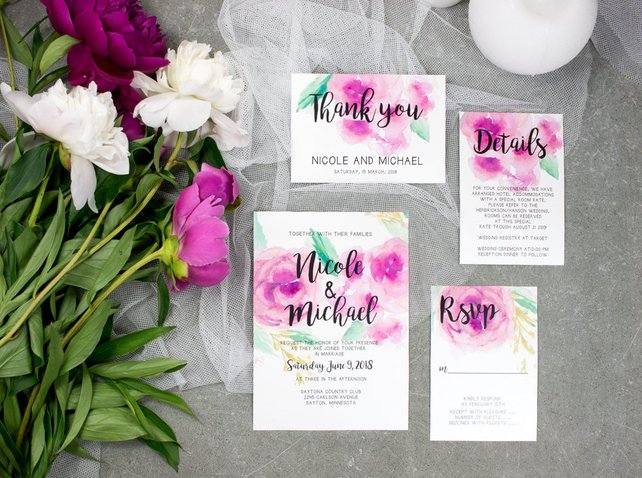 642x478 Purple Watercolor Wedding Invitation Suite Printed Moody Etsy