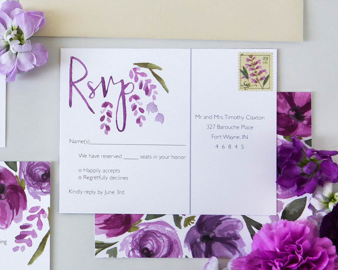 1280x1024 Vibrant Purple Floral Watercolor Wedding Invitations