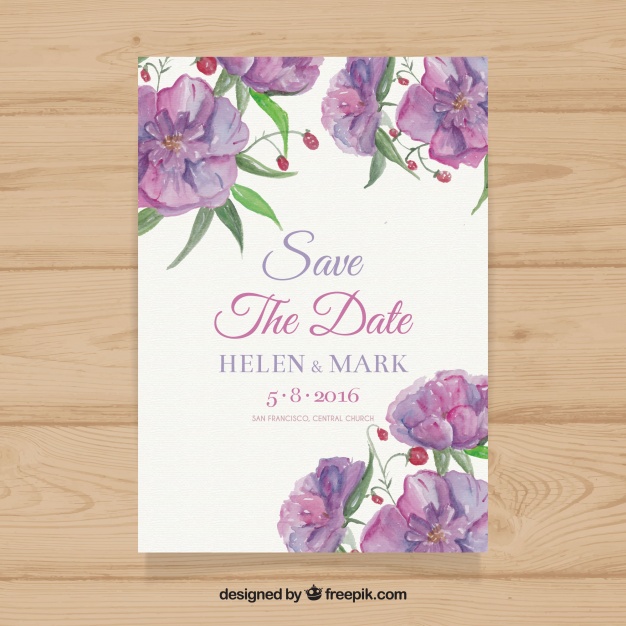 626x626 Watercolor Wedding Invitation With Purple Flowers Vector Free