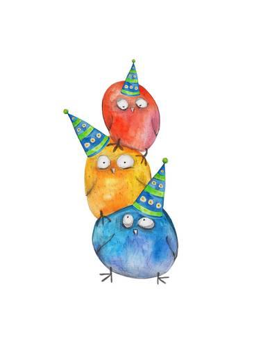 366x488 3 Birds Pyramid In Caps. Watercolor Art By Wegener17