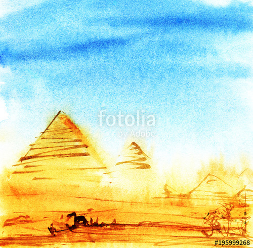 500x490 Real Watercolor Sketch Of Egyptian Pyramids On A Blue Sky. Hand