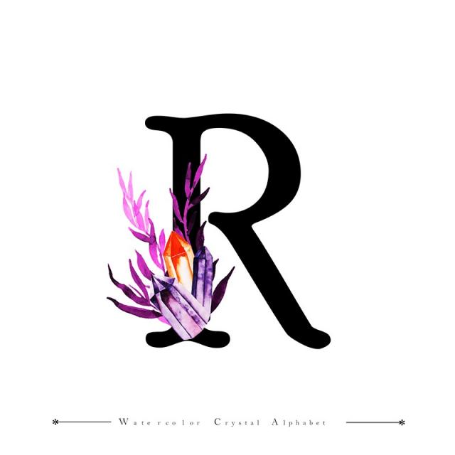 640x640 Letter R With Watercolor Crystal And Leaves Background, Watercolor