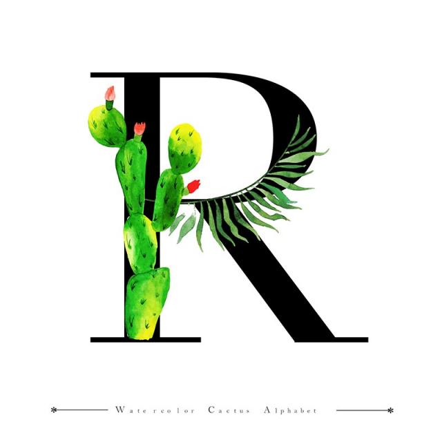 640x640 Alphabet Letter R With Watercolor Cactus And Leaves Background