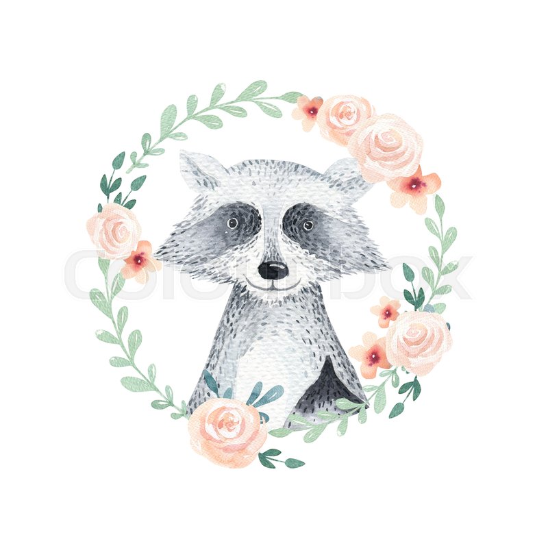 800x800 Watercolor Boho Floral Wreath With Raccoon. Watercolour Bohemian