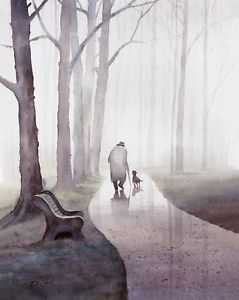 239x300 Old Man Walking His Dog In Rain Watercolor Painting Giclee Print