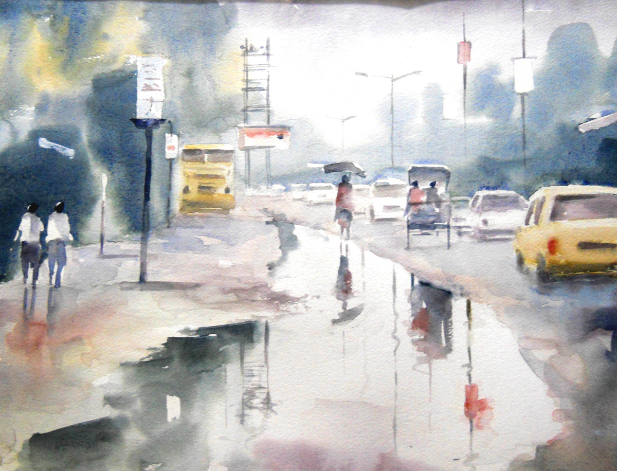 1200x916 Rain Drenched By Artist Sajal K. Mitra Impressionism, Painting