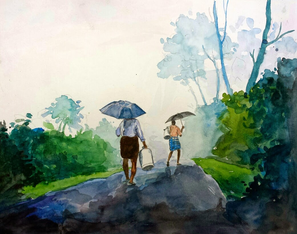 1041x820 Abdul Hakeem Watercolor Paintings Rain.... Kerala Watercolor Painting