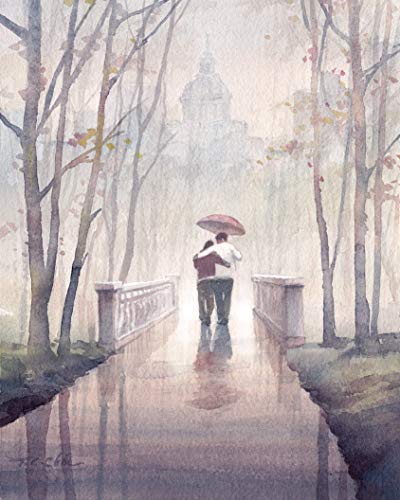 400x500 Walking In The Rain Art Print Of Watercolor Painting
