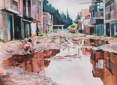 400x291 Children In A Rainy Street Original Watercolor Painting