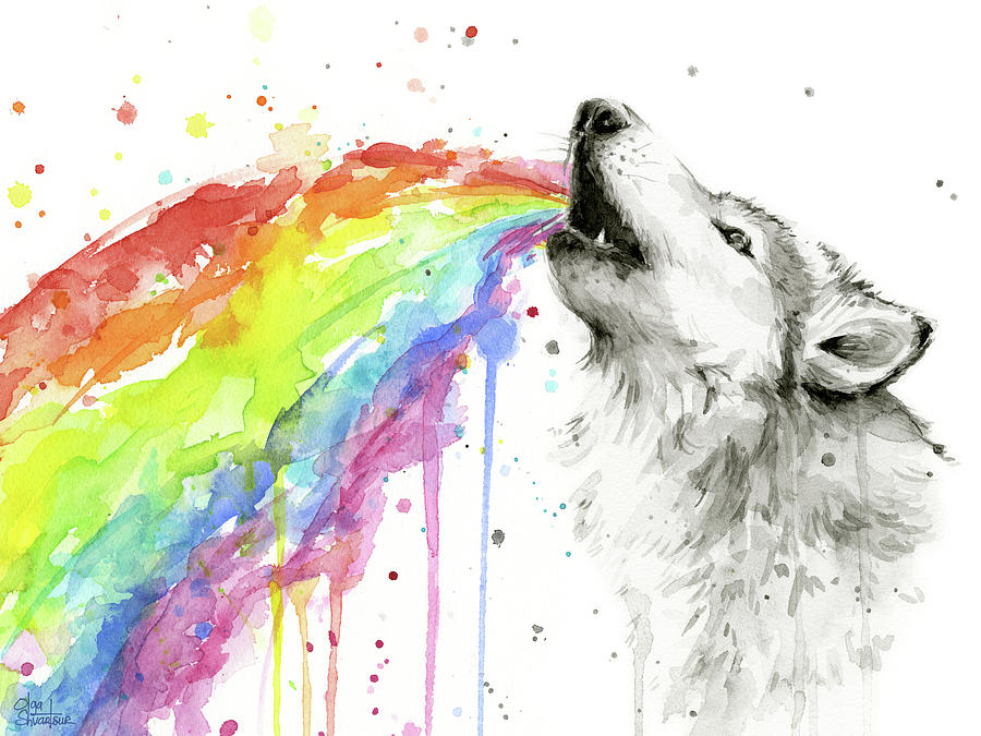 900x675 Wolf And Rainbow Painting By Olga Shvartsur