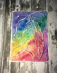 233x300 Aceo Original Watercolor Painting ,rainbow Colorful Feather Boho