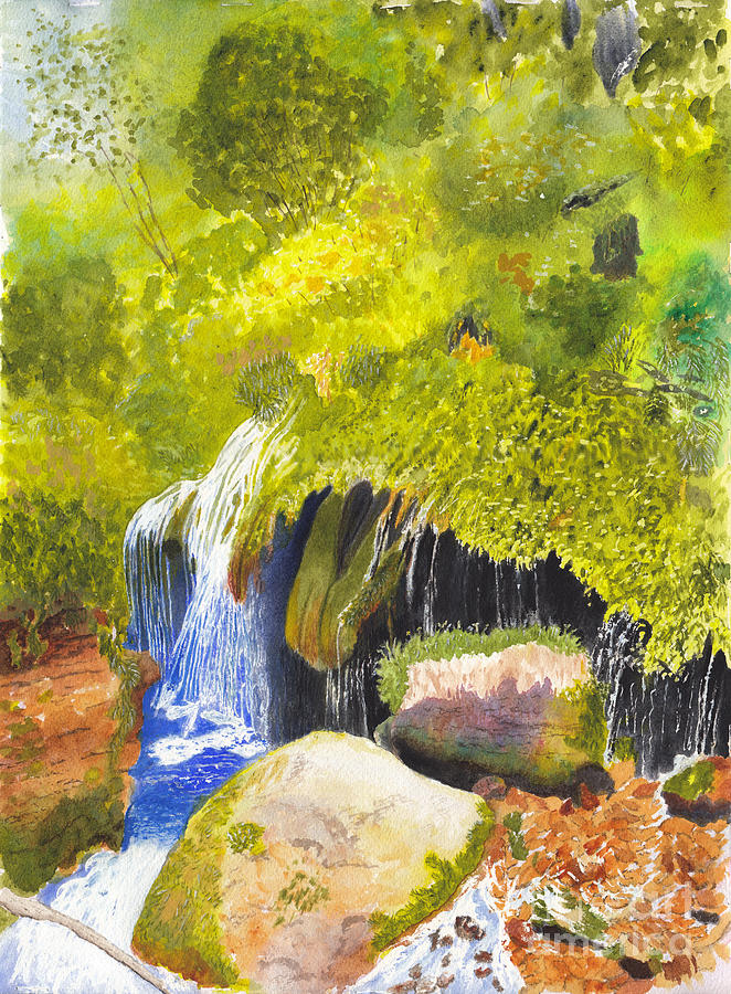 662x900 Rainforest Waterfall Watercolor And Acrylic Painting By Conni