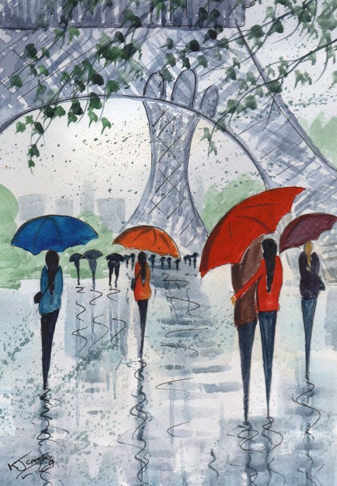 693x1000 Original Signed Watercolour Painting ~ Rainy Day Paris ~ By Kj