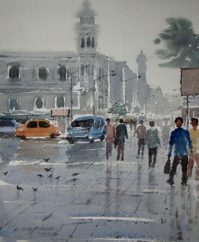 800x971 Rainy Day By Artist Jiaur Rahman Cityscape Art Watercolor