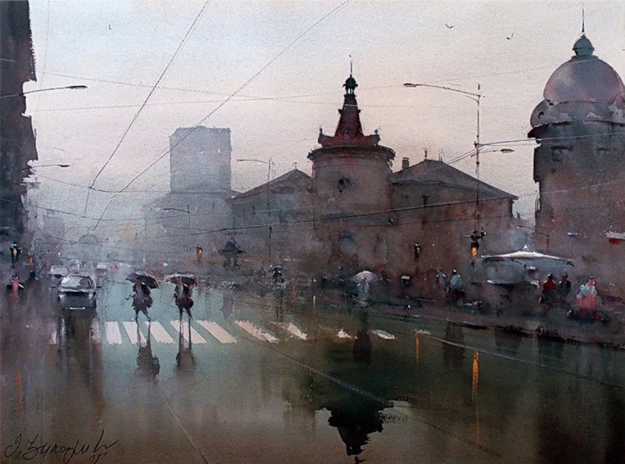 700x520 Rainy Day, Watercolor On Paper, Djukaric Dusan Art For Sale