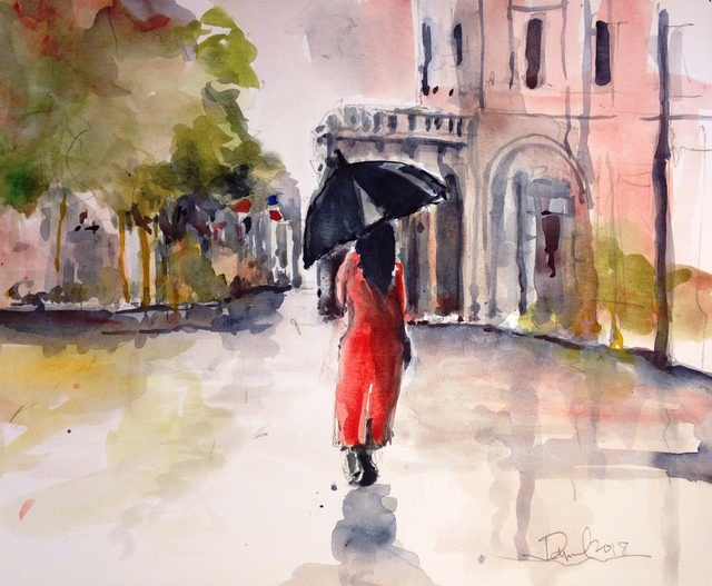 640x527 Daniel Clarke Artwork Paris Rainy Day Original Watercolor
