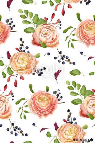 331x500 Vector Seamless Floral Pattern Of Pink Rose Ranunculus Flowers