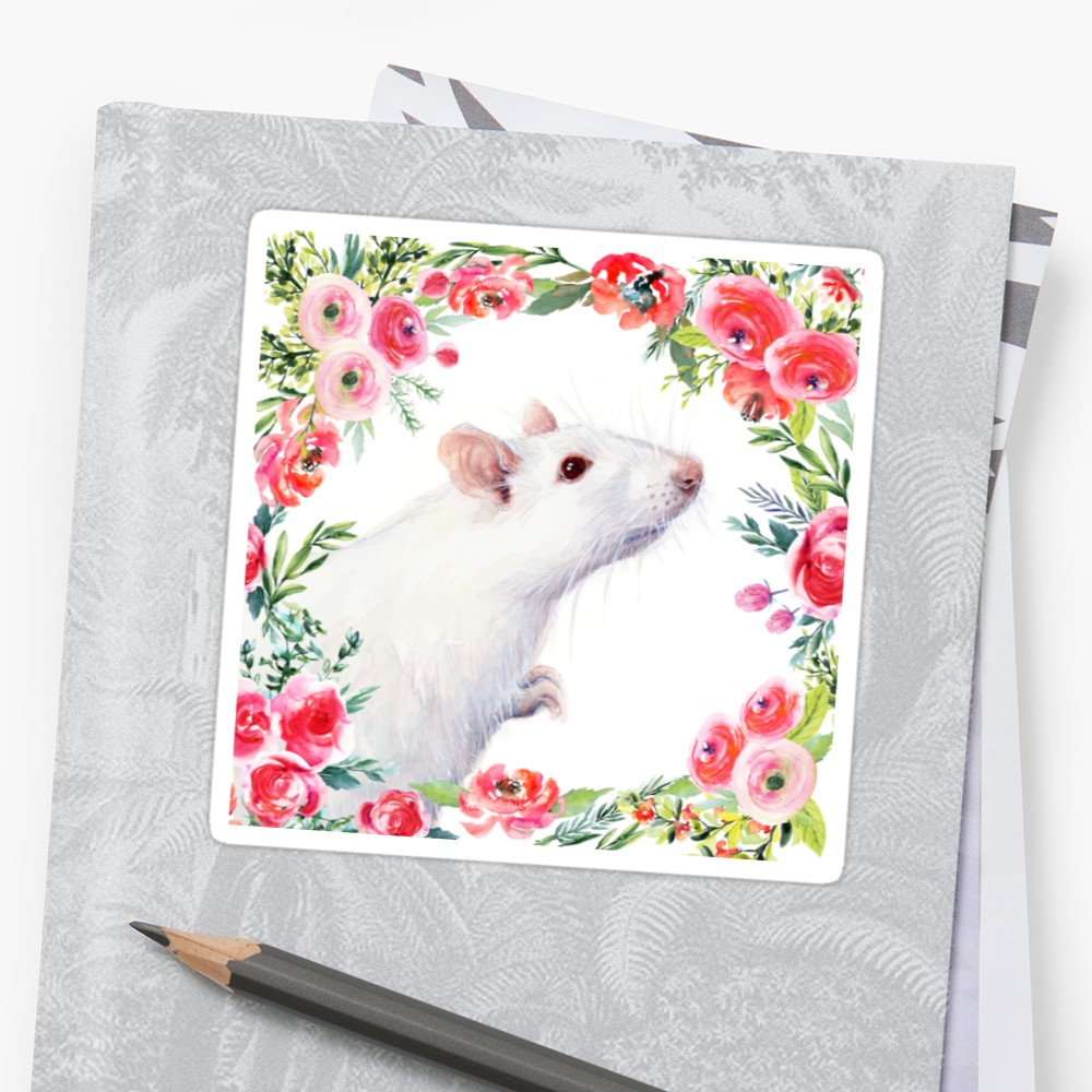 1000x1000 White Rat And Red Flowers Watercolor Floral Animal Stickers By