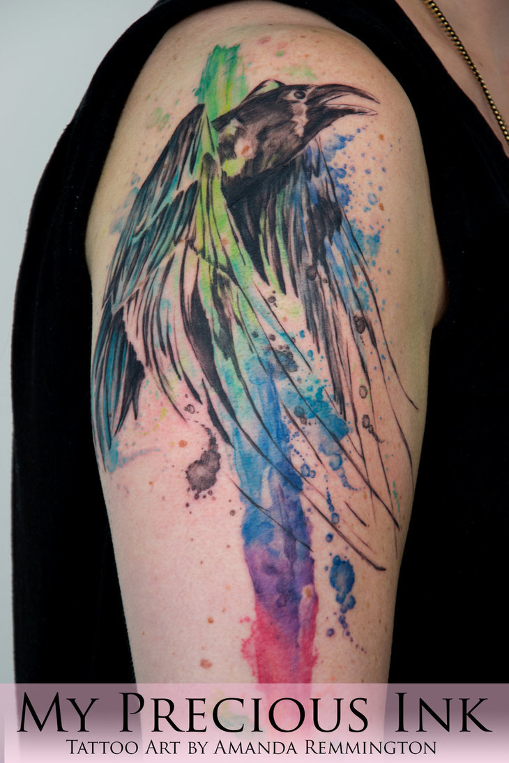 730x1095 Freehand Watercolor Raven Tattoo By Mentjuh