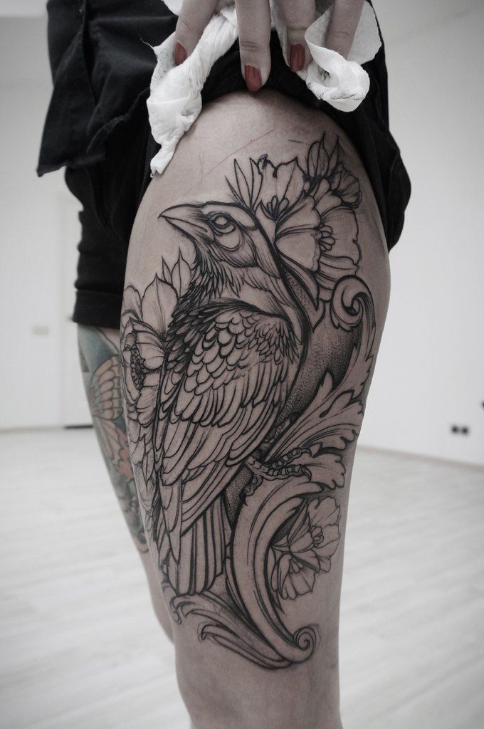 680x1024 Raven Watercolor Tattoo On Side Of Leg