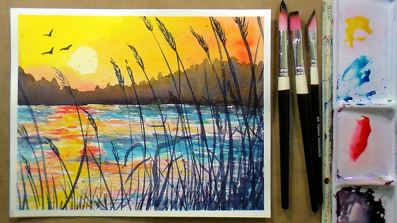 1280x720 Golden Sunset Beginner Watercolor 3 Color Real Time Tutorial