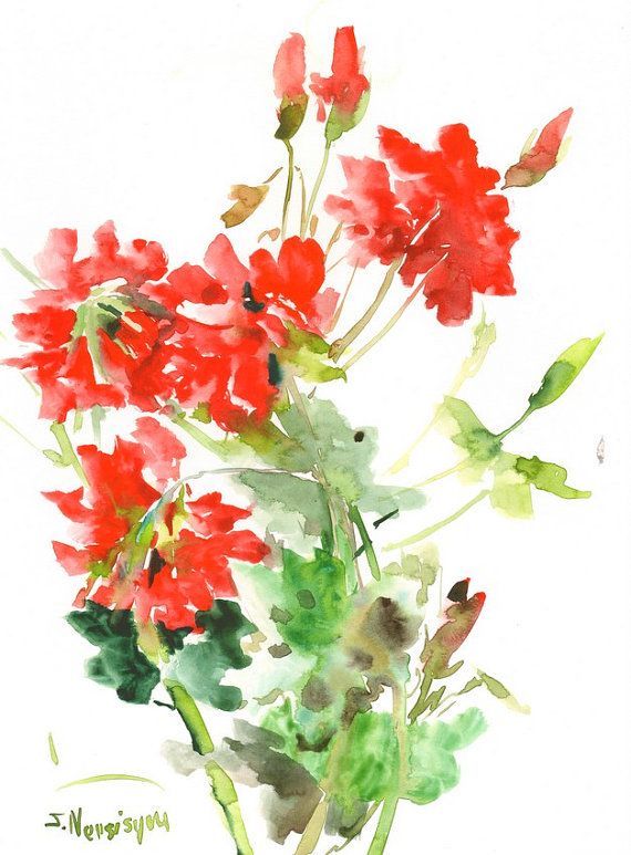 570x773 Red Geranium Painting, 12 X 9 In, Original Watercolor Red Green