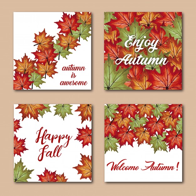 626x626 Watercolor Autumn Cards With Red, Orange, Yellow And Green Leaves