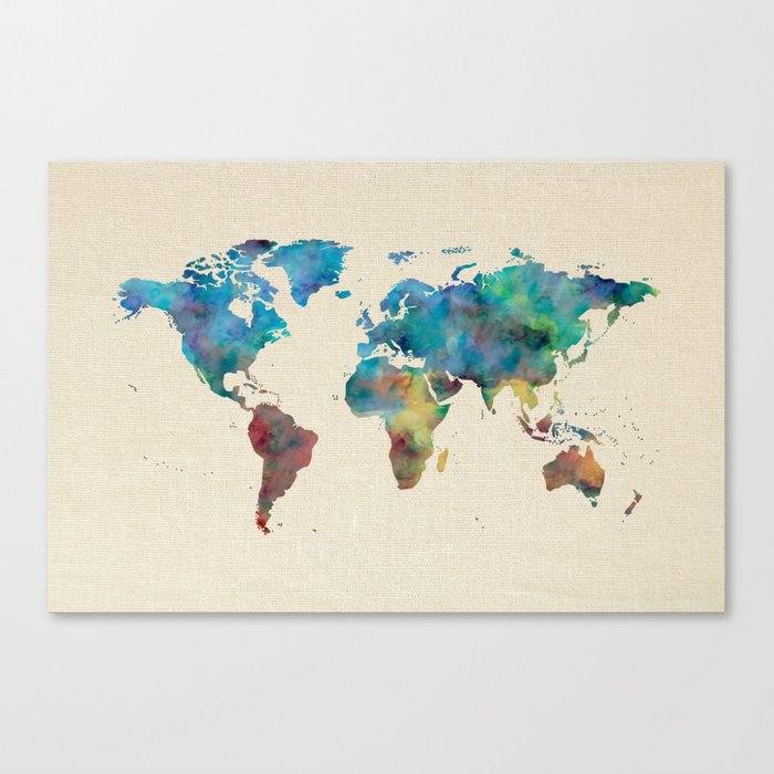 700x700 World Map Watercolor Linen Blue Red Yellow Green Canvas Print By
