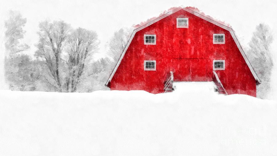 900x506 New England Red Barn In Winter Snow Storm Watercolor Photograph By