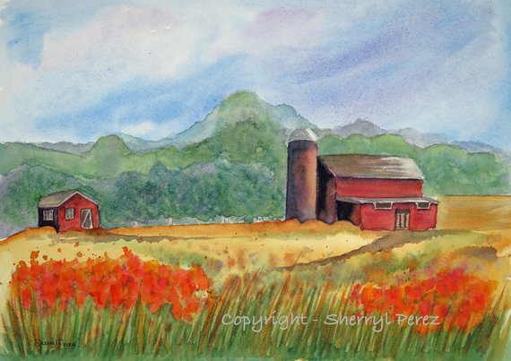 570x403 Poppy Fields With Red Barn Original Watercolor Barn