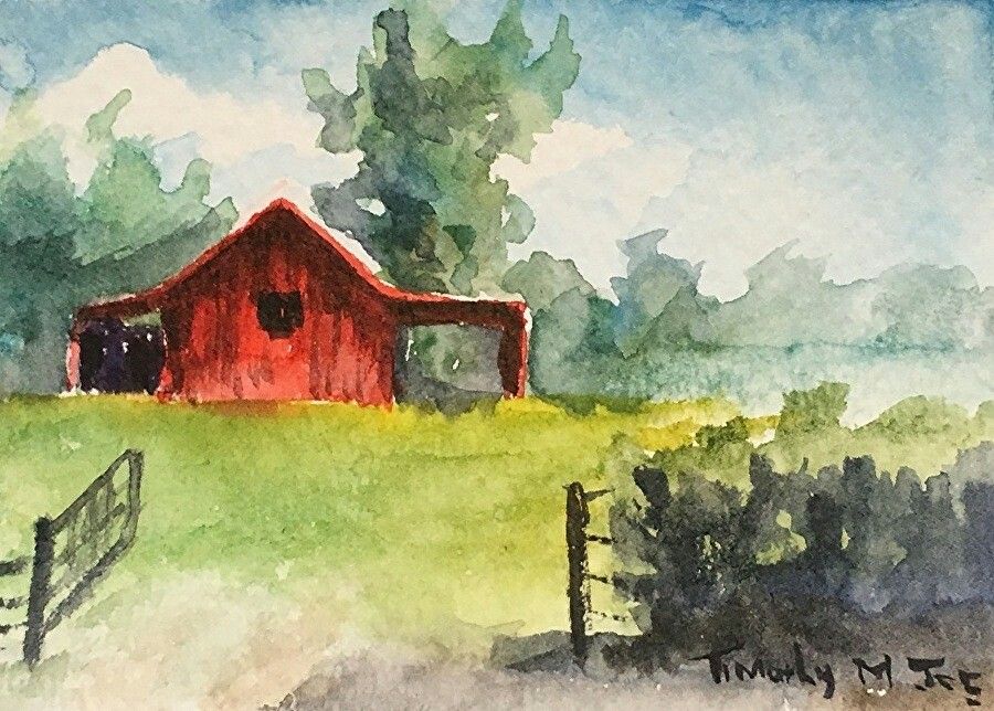 900x644 Red Barn Entrance By, Timothy M. Joe Watercolor Paintings