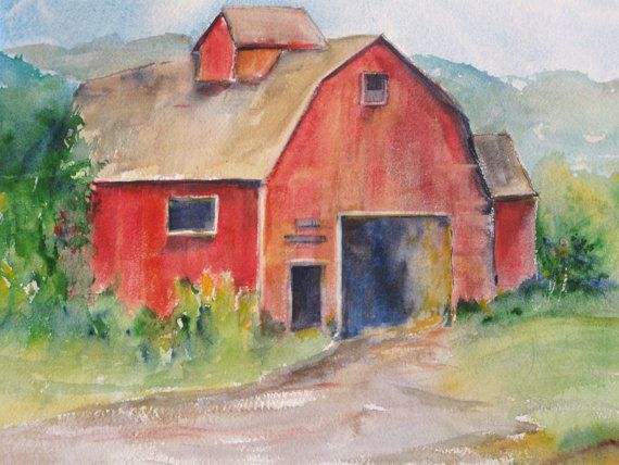 570x428 Red Barn Watercolor Painting New England Farm 11 X 14 Original