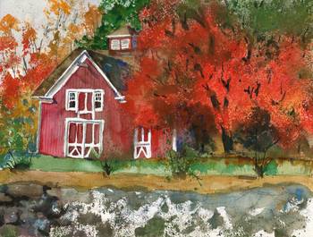 350x265 Red Barn In Autumn Watercolor Painting By Miriam Schulman