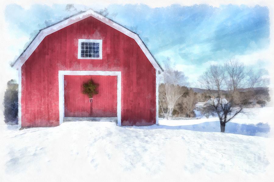 900x598 Traditional New England Red Barn In Winter Watercolor Painting By