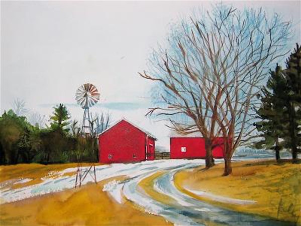 599x451 Two Red Barns + Windmill