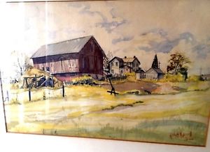 300x218 Vtg Watercolor Painting American Farm Scene Big Red Barn Signed