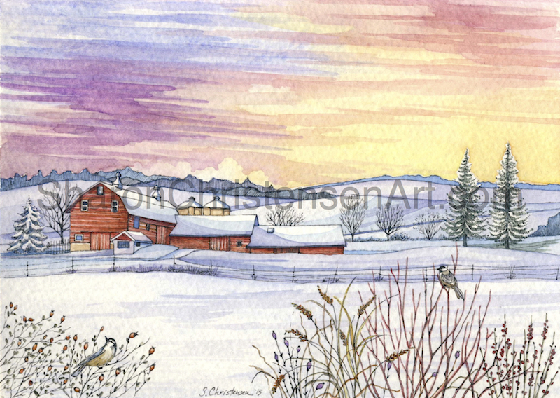 800x568 Big Red Barn Winter Sunset Original Watercolor
