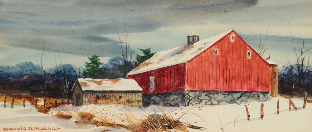 1000x424 Donald Mosher Red Barn Watercolor Winter Painting